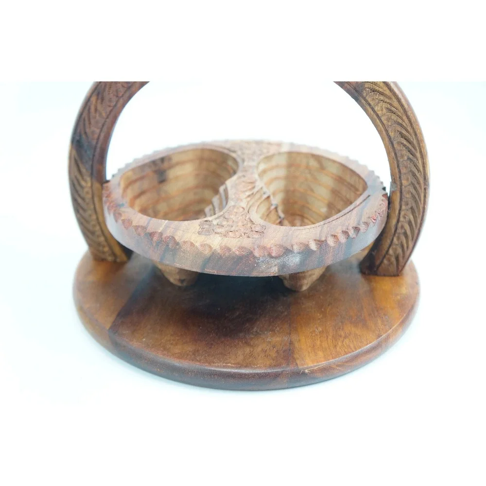 Rosewood Collapsible Wooden Basket 8 Inch Brown Hand Carved Yin Yang Heart Good